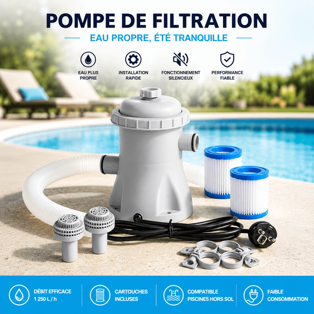 Pompe de Filtration Piscine 330 GPH – Filtre Électrique pour Piscine Hors Sol avec Cartouches - Bluebo™