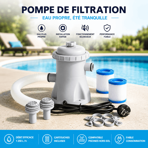 Pompe de Filtration Piscine 330 GPH – Filtre Électrique pour Piscine Hors Sol avec Cartouches - Bluebo™
